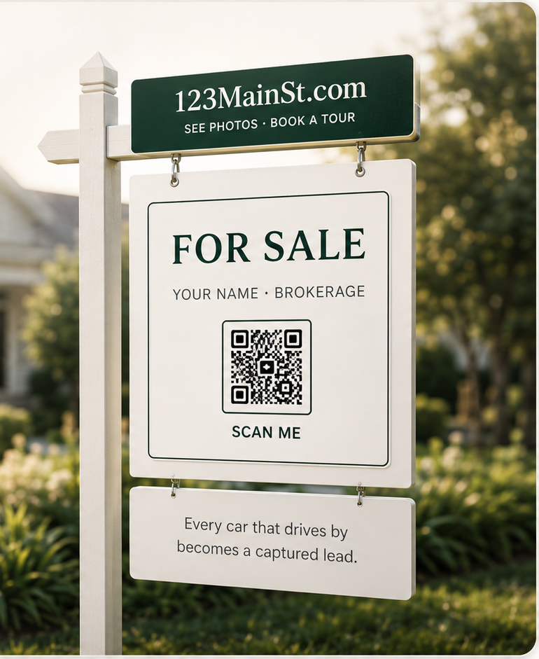 A 123MainSt.com For Sale sign with a scannable QR code on a lawn in front of a home